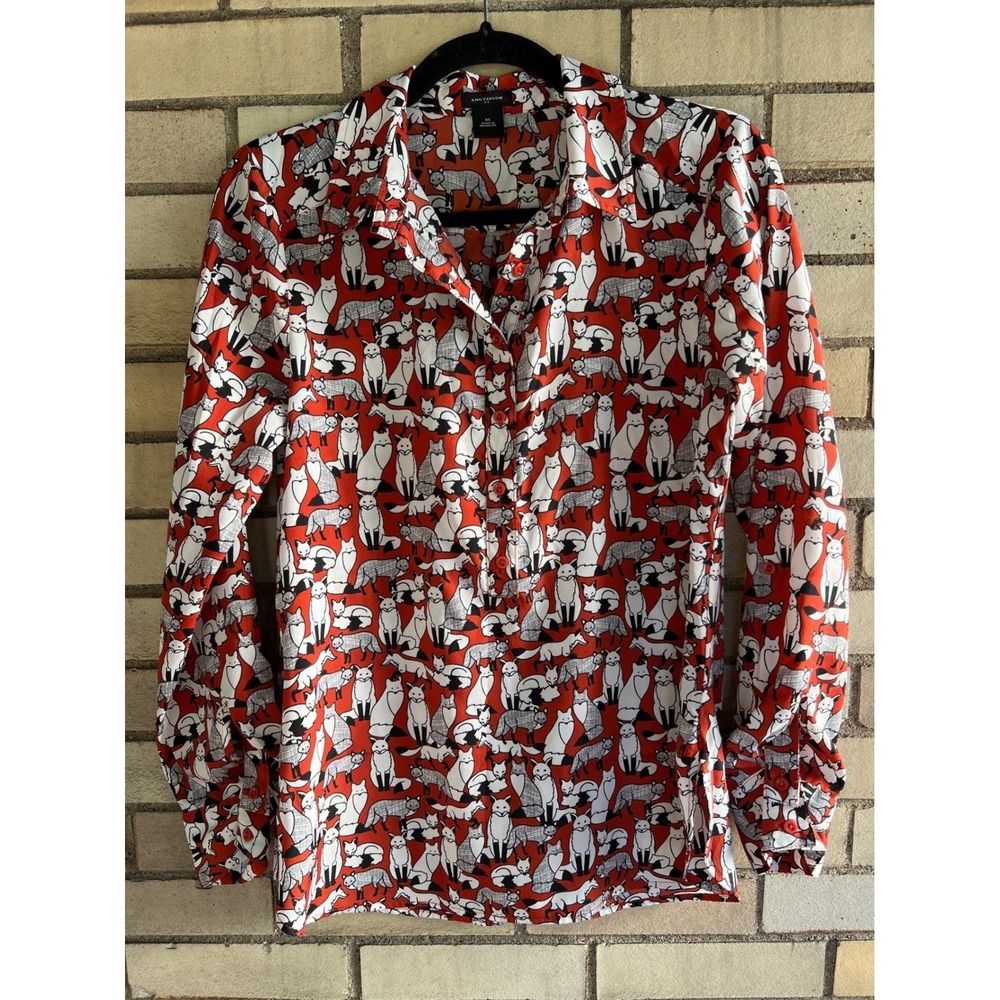 Ann Taylor Red Fox Print Long Sleeve Button Down Henley Shirt Blouse Size XS